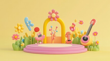  a cute cartoon children's stage, with flower and musical instrument decorations on a yellow background