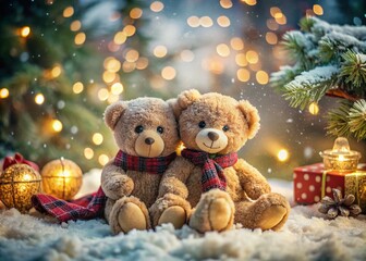 Teddy Bears in Love: Winter Romance with Christmas Decor in Snowy Landscape