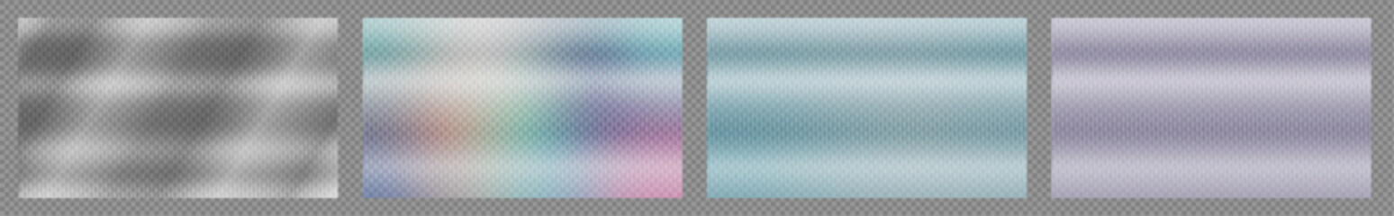 Set of vector ribbed glass texture backgrounds. Transparent overlay effect for wavy, clear plastic surfaces. Features soft frosted acrylic with a reeded, wavy finish. Close-up of fluted acrylic panels