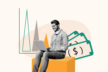 Creative collage picture young man laptop digital device banknotes cash dollars finance earnings...