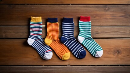 Four colorful pairs of striped socks are neatly laid out on a wooden surface, displaying a variety of patterns and vibrant hues against the rustic background.