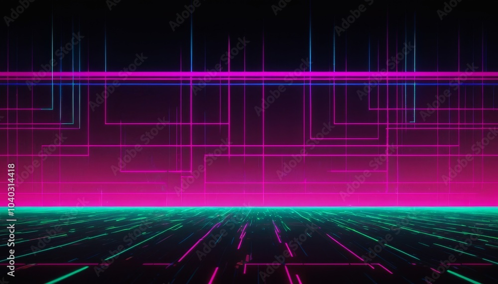 Poster futuristic abstract neon lines and grid on a dark background