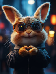 Adorable cartoon rabbit in glasses and hoodie, giving a heart-shape love sign, perfect for playful wall art, children's room decor, or vibrant posters, infusing joy and whimsy into any space.