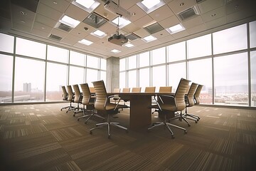 An elegant idea of conference room consisting of contemporary decor and technological advances with massive desk and chairs, Generative AI.