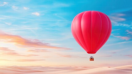 Obraz premium Red hot air balloon soaring in the sky during a beautiful sunset. Generative AI