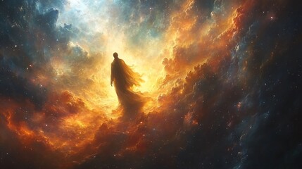 Enoch ascending through cosmos celestial light and stars swirling around him a mystical journey through different realms evoking a sense of cosmic exploration and divine connection