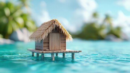 Fototapeta premium Tropical wooden hut on stilts in clear blue water surrounded by lush greenery. Generative AI