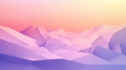 This artwork features a tranquil landscape composed of polygonal shapes with soft edges in soothing pastel colors during sunset. Generative AI