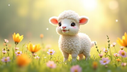 Cheerful lamb standing among flowers in a sunny spring field
