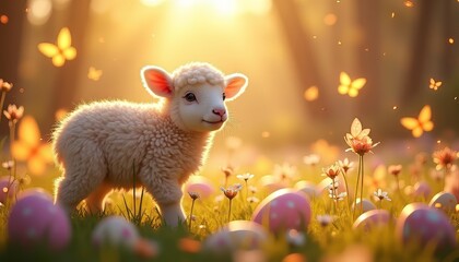 Obraz premium Adorable lamb surrounded by pastel Easter eggs and butterflies, joyful spring landscape, sunny ambiance, 