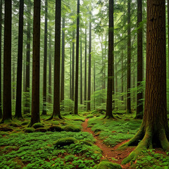 Obraz premium footpath in the forest. sun rays in the forest. morning in the forest. dense forest trees with moss covered trees.