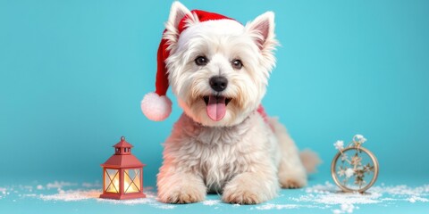 little white dog, west highland white terrier with a santa claus hat