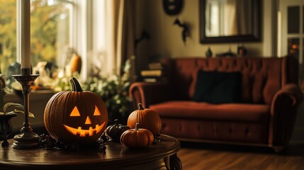 A cozy, autumn-themed living room featuring a carved pumpkin and decorative gourds