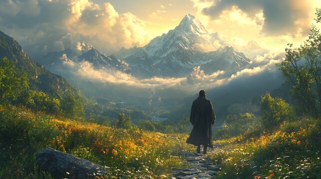 Enoch walking through lush prehistoric landscapes surrounded mountains and spiritual light evoking a serene and timeless mysticism in an ancient natural world filled with divine energy