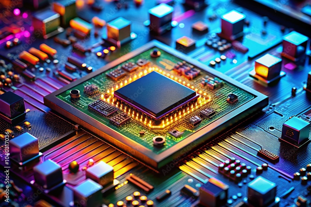 Aufkleber top view of futuristic processor and circuit board in tilt-shift photography style for tech enthusia