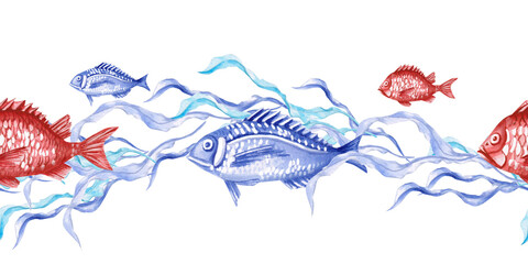 Seamless border with fish and seaweed. Isolated illustration on the theme of the underwater world for textile design, marine-themed holidays, printing, restaurants