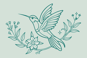 Line Art Hummingbird with Flowers vector illustration