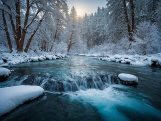 Snowy winter landscape with flowing river surrounded by pine trees and snow-covered rocks. River has turquoise color and rushing over rocks, creating serene and peaceful scene. Sun peeking through