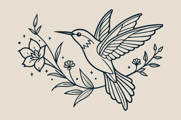 Line Art Hummingbird with Flowers vector illustration