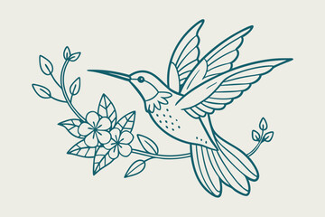 Line Art Hummingbird with Flowers vector illustration © Imran