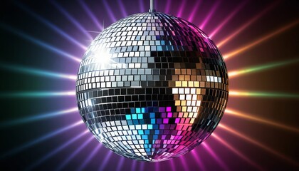 Disco ball reflecting multicolored lights, vibrant party atmosphere, festive decoration, copy space