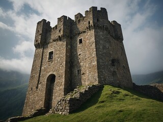 Medieval stone castle with tall towers and battlements, standing on grassy hill against cloudy sky