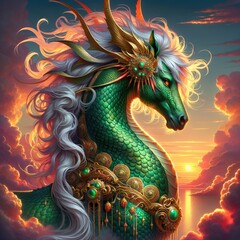 Fototapeta premium Majestic Mythical Horse-Dragon Hybrid: A Divine Creature with Emerald Scales and Flowing White Mane, Adorned in Golden Ornaments, Set Against a Glowing Sunset