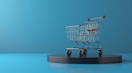 In-depth of an aluminium shopping cart orientated for retail and sales placed on a black pedestal against a blue backdrop with ad space, Generative AI.