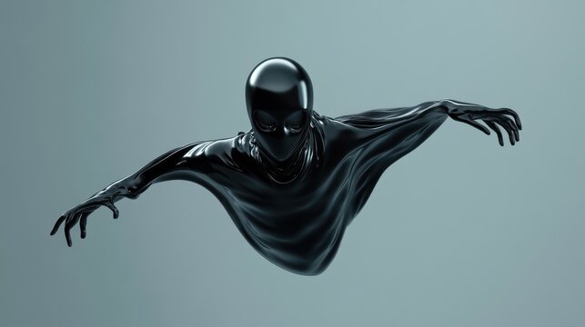 Malevolent Black Ghostly Figure Suspended in Air - 3D Illustration of Sinister Floating Apparition