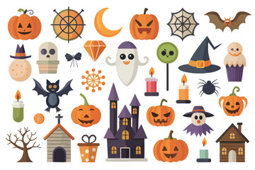 cute Halloween element Icons collection with pumpkins and ghosts