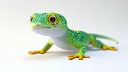 Fototapeta premium A vibrant green gecko with large, expressive eyes, standing in a curious pose against a clean, white background, showcasing its detailed scales and playful demeanor