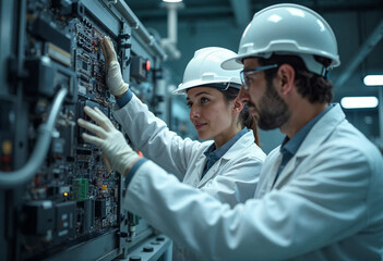 Two engineers, a woman and a man, are talking about technical details in a high-technology industrial facility.