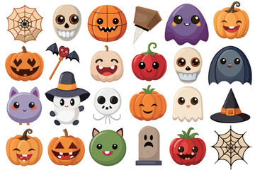 Naklejka premium cute Halloween element Icons collection with pumpkins and ghosts