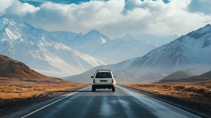 Car driving on the road in high mountains