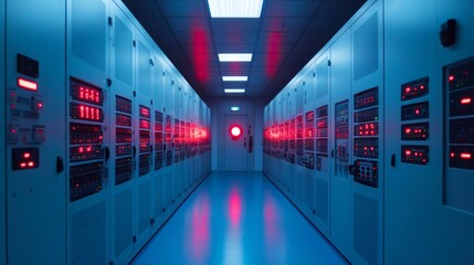 Futuristic Data Center Corridor with Red LED Lights and Modern Server Racks in a High-Tech Environment