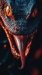close up view of creatures fierce face, showcasing its sharp teeth and vibrant, glowing eyes. tongue flicks out, adding to menacing appearance, evoking sense of danger and intrigue
