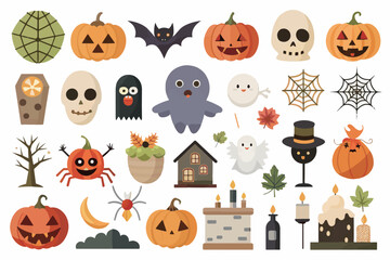 cute Halloween element Icons collection with pumpkins and ghosts