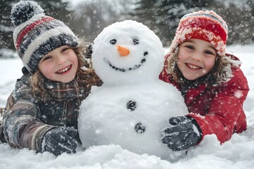 playful smiling children playing outdoors in the snow and making snowman in the cold winter