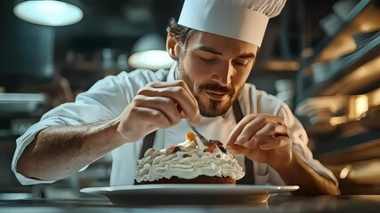 Male pastry chef decorating a cake in a modern kitchen.