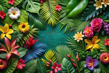 Fototapeta premium Aerial view of horizontal arrangement of tropical flowers and plants
