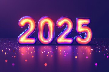 A 3D render of the text "2025" with a futuristic, neon-like design. 