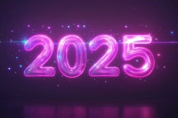 A 3D render of the text "2025" with a futuristic, neon-like design. 