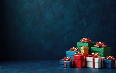 Pile of beautifully wrapped Christmas gifts.