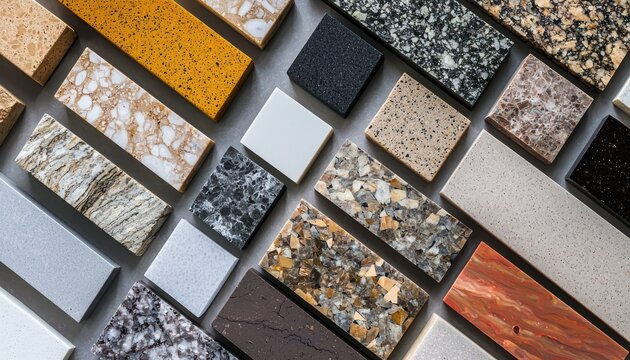 An assortment of kitchen countertop materials in various colors and textures, highlighting the aesthetic diversity and design options available for modern home interiors.