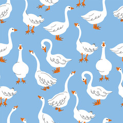 Seamless pattern with geese in various poses. Cartoon vector illustration isolated on background. Farm animal design  adorable birds in different poses, funny characters