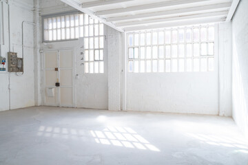Empty industrial space with white walls background with copy space for text. High quality photo