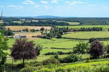 Landscape of Burgundy in France with fields and forest