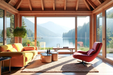 Fototapeta premium the living room in the chalet with panoramic windows and views of the mountain river