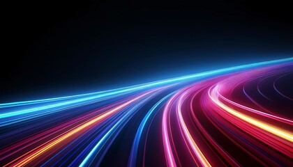 Nighttime highway scene with vibrant light trails creating a dynamic sense of motion and energy in a futuristic abstract setting
