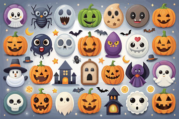 cute Halloween element Icons collection with pumpkins and ghosts
